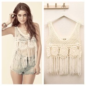 Boho Crochet Knit Cream Festival Tank Fringe Trim, Sexy Cute Hippie